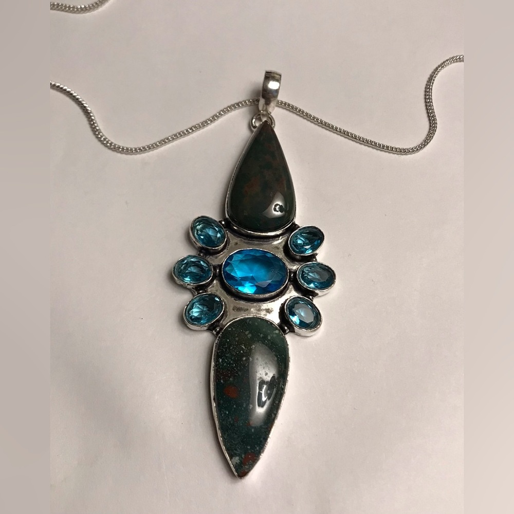 Blood Stone Blue Topaz Stamped 925 Sterling Silver Necklace